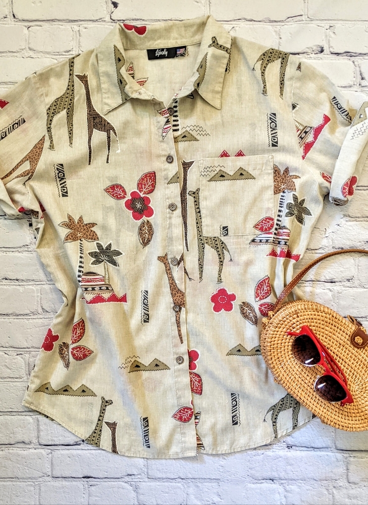 Vintage Safari print camp shirt with giraffe print made in usa